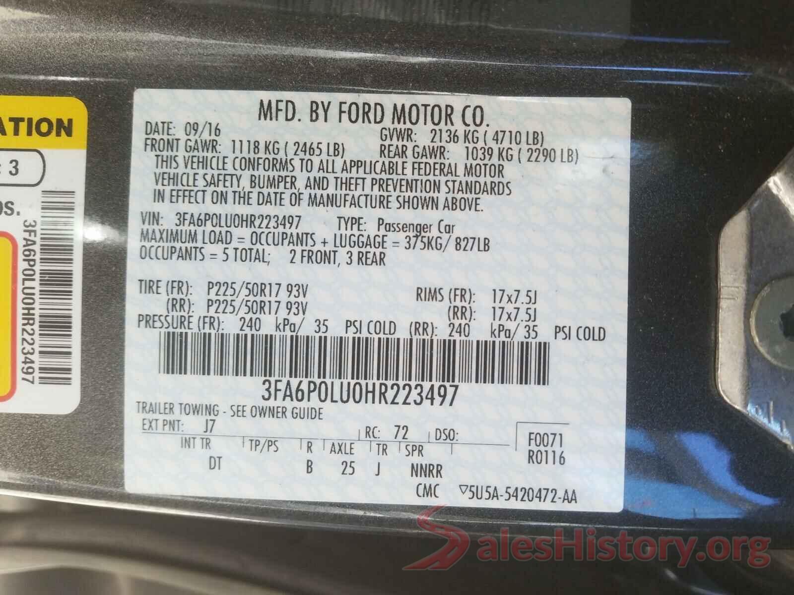 3FA6P0LU0HR223497 2017 FORD FUSION