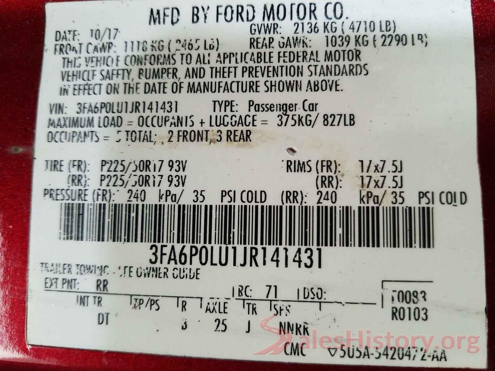 3FA6P0LU1JR141431 2018 FORD FUSION