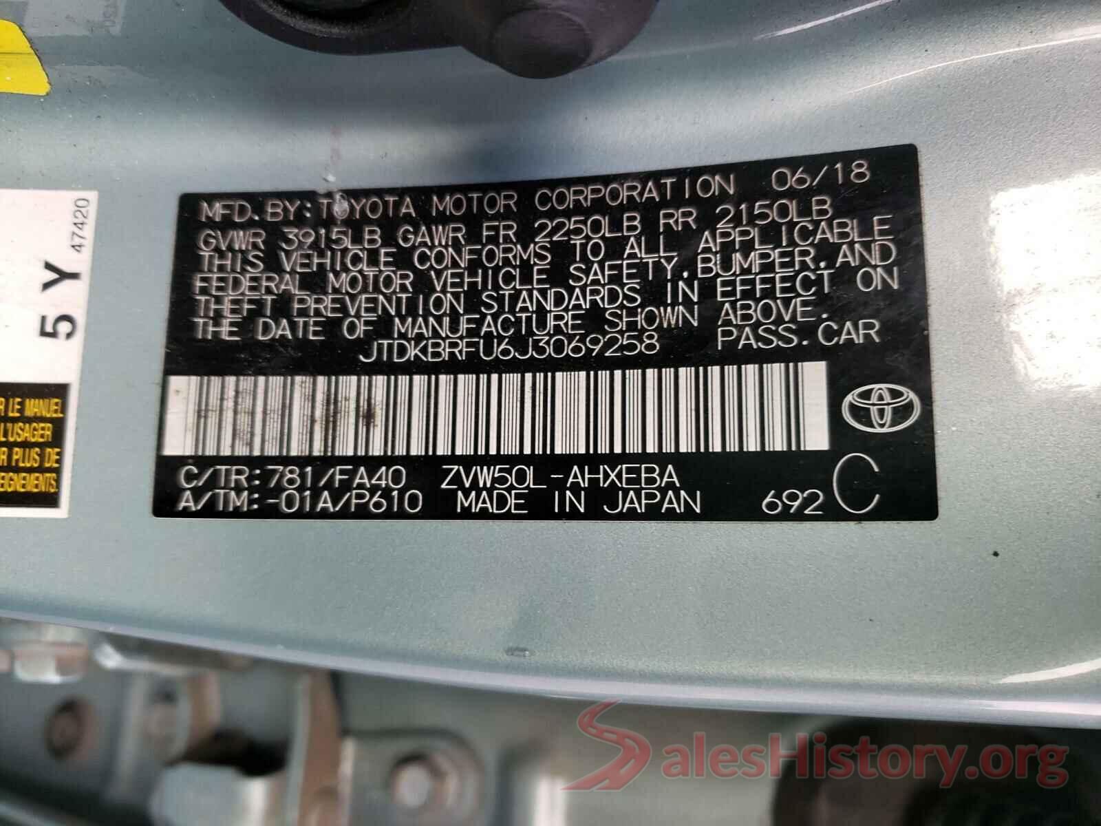 JTDKBRFU6J3069258 2018 TOYOTA PRIUS