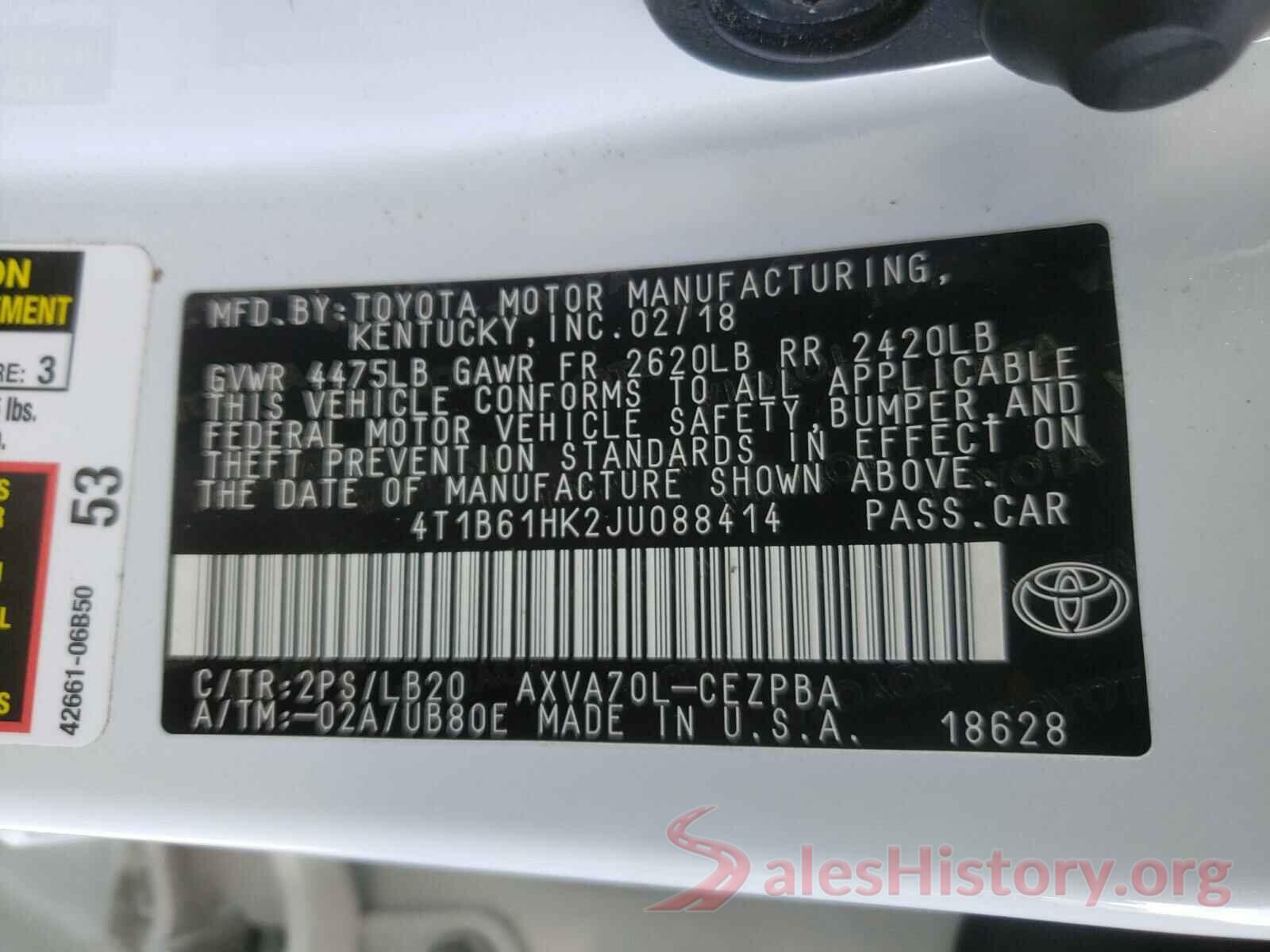 4T1B61HK2JU088414 2018 TOYOTA CAMRY