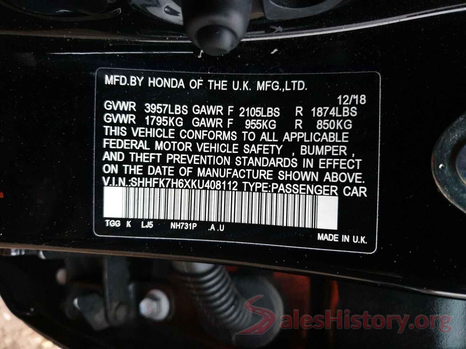 SHHFK7H6XKU408112 2019 HONDA CIVIC