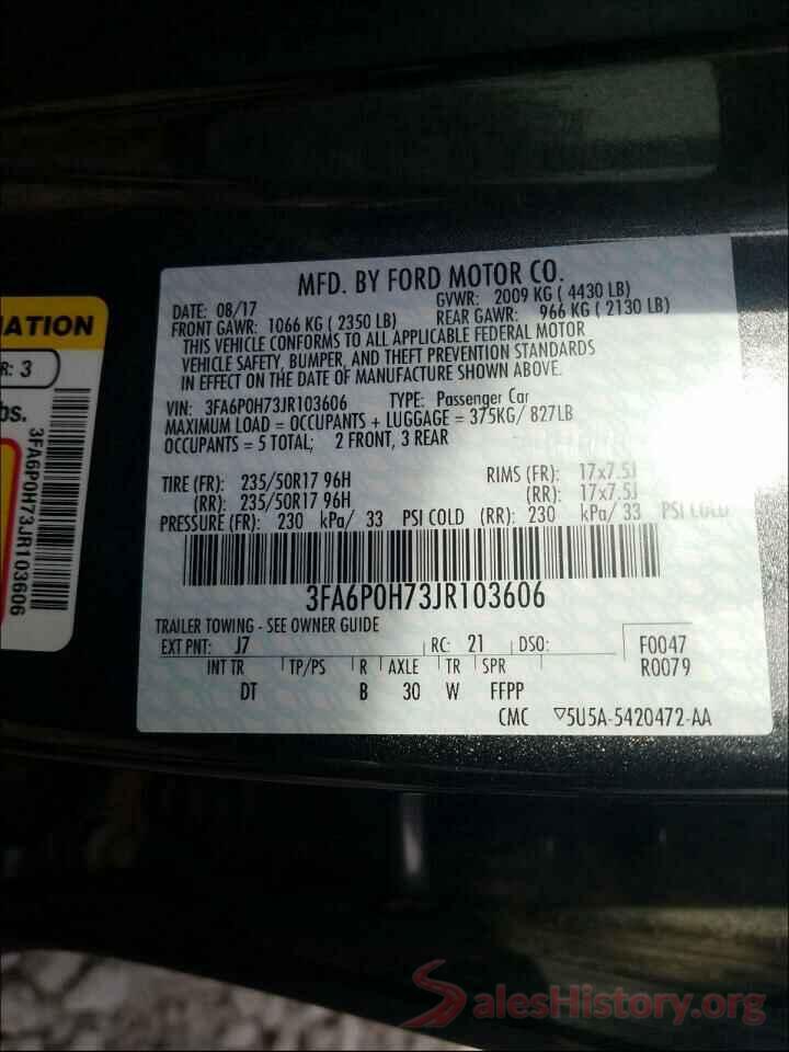 3FA6P0H73JR103606 2018 FORD FUSION