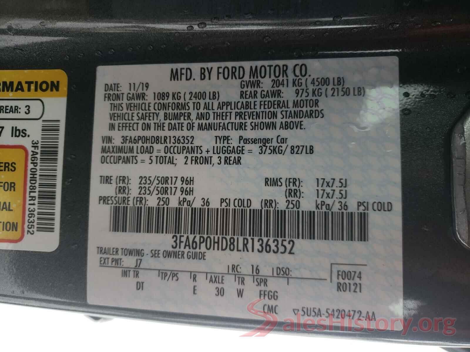 3FA6P0HD8LR136352 2020 FORD FUSION