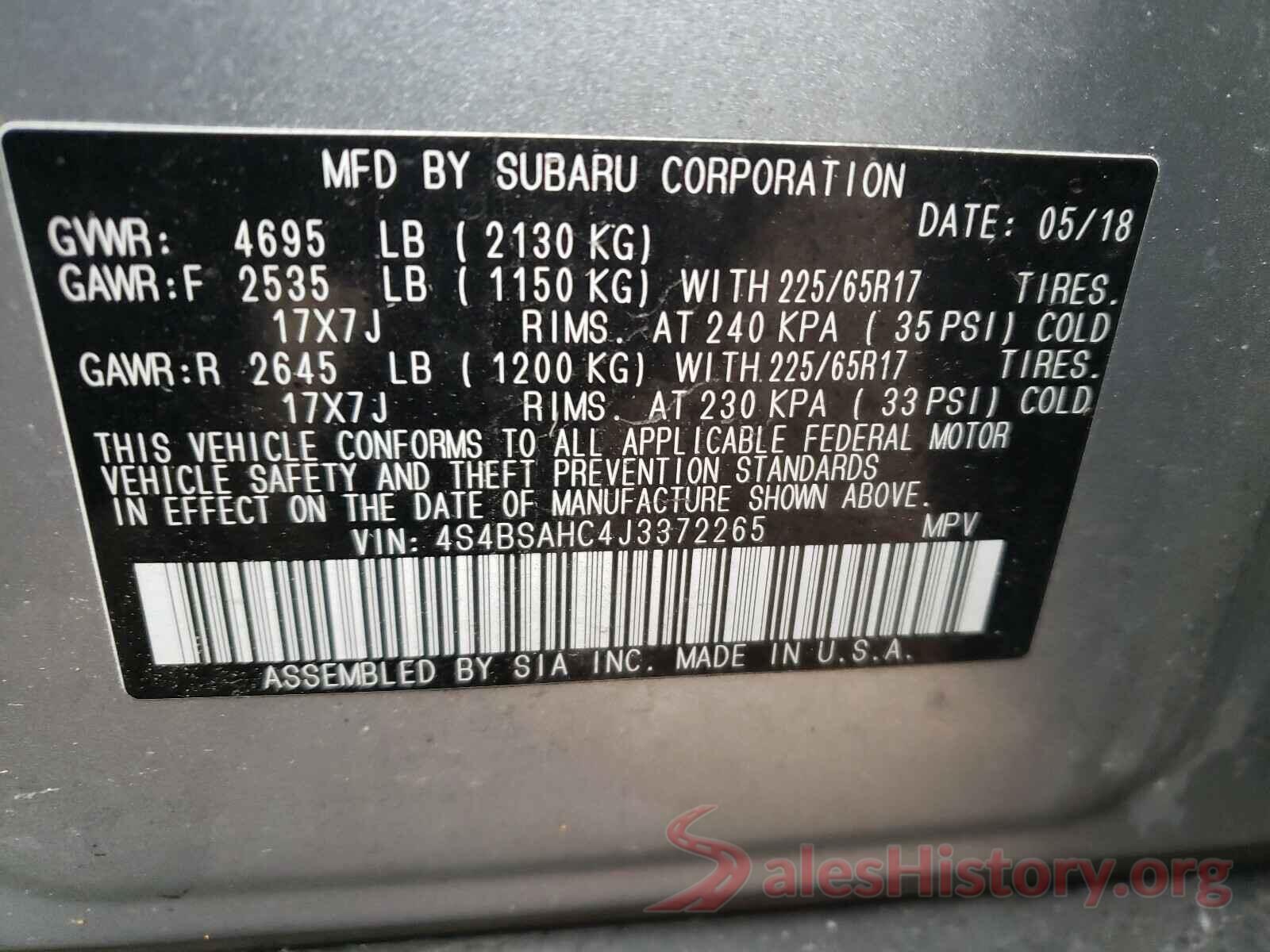 4S4BSAHC4J3372265 2018 SUBARU OUTBACK