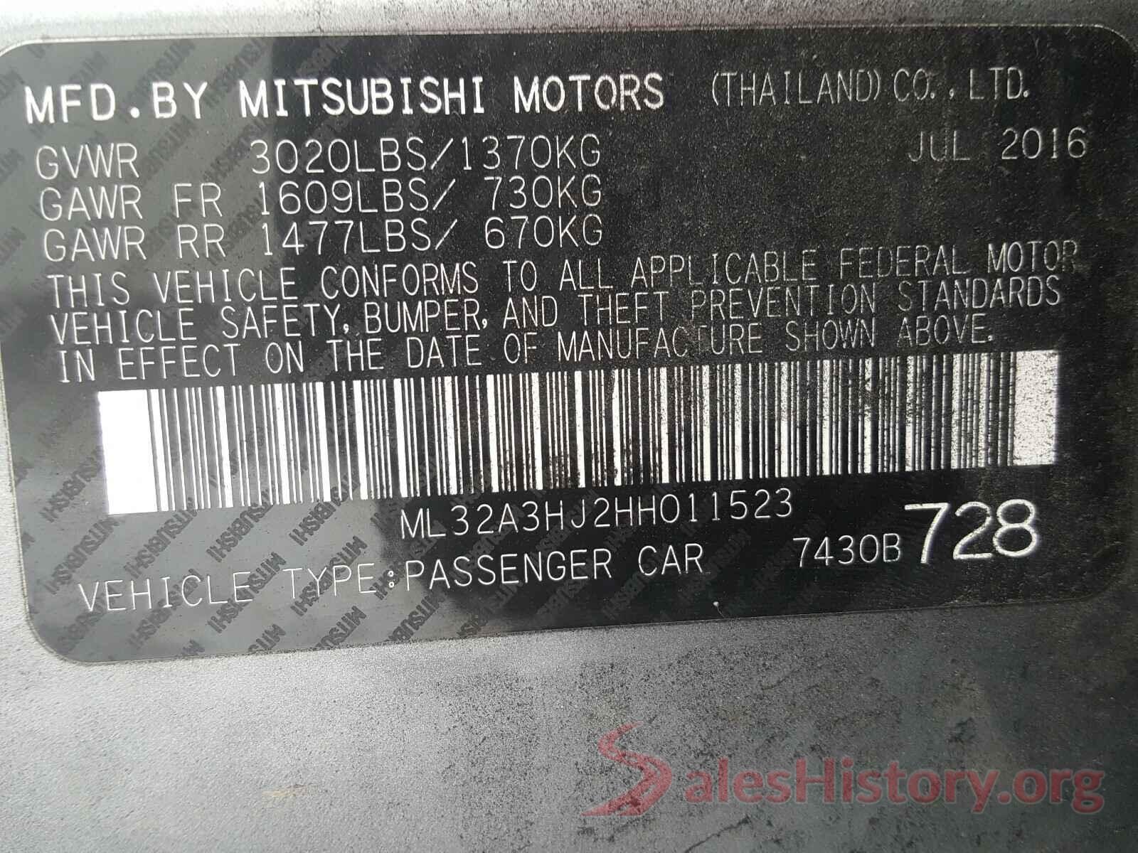 ML32A3HJ2HH011523 2017 MITSUBISHI MIRAGE