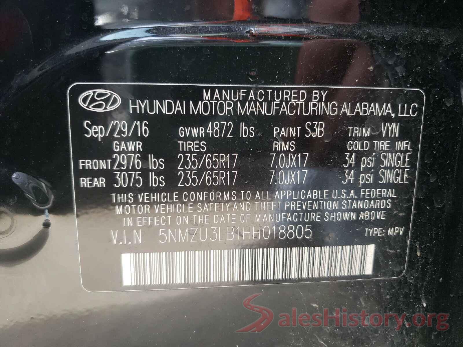 5NMZU3LB1HH018805 2017 HYUNDAI SANTA FE