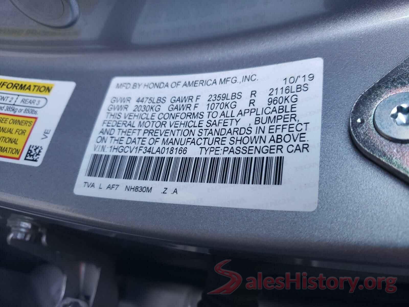 1HGCV1F34LA018166 2020 HONDA ACCORD