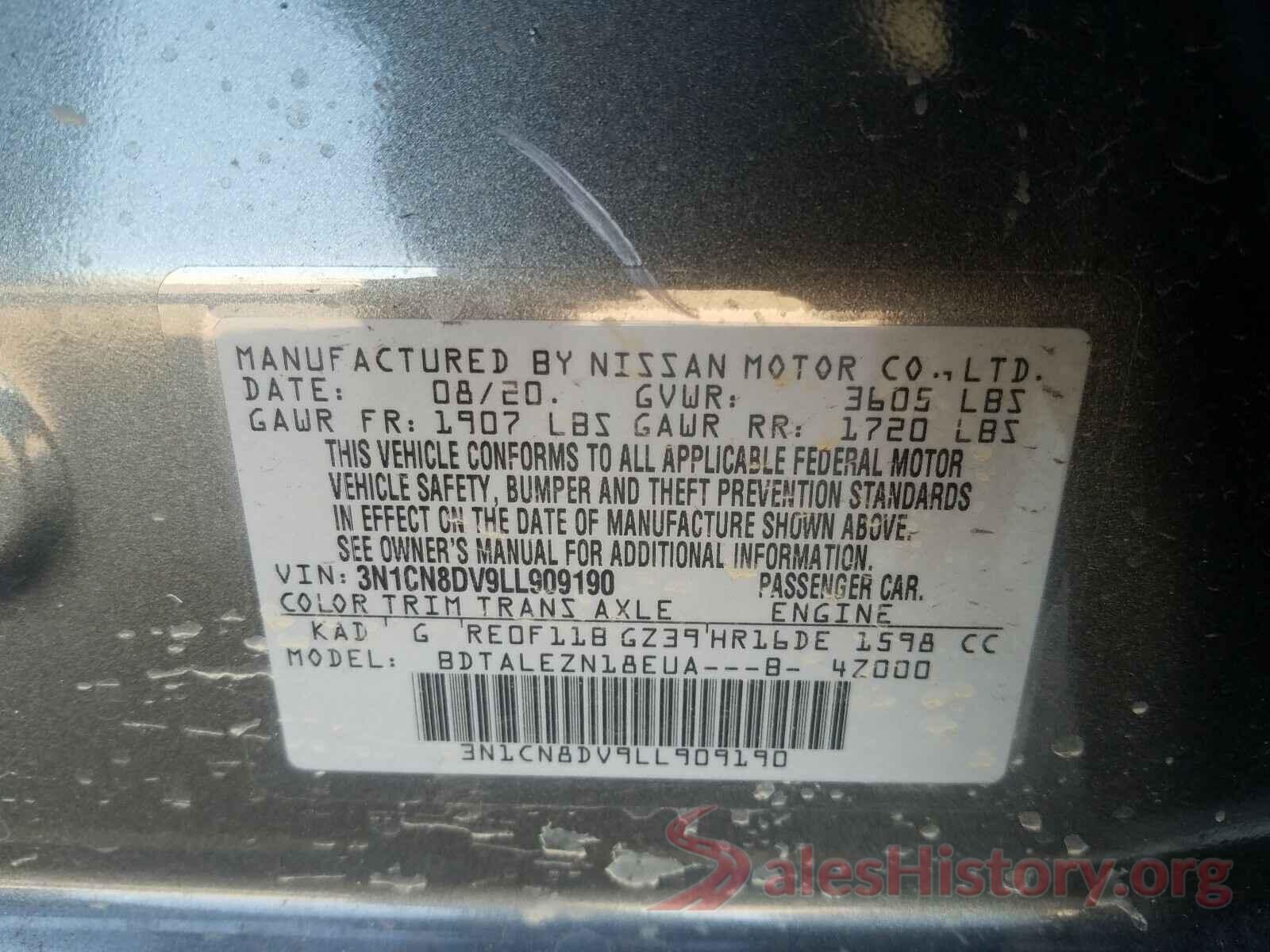 3N1CN8DV9LL909190 2020 NISSAN VERSA