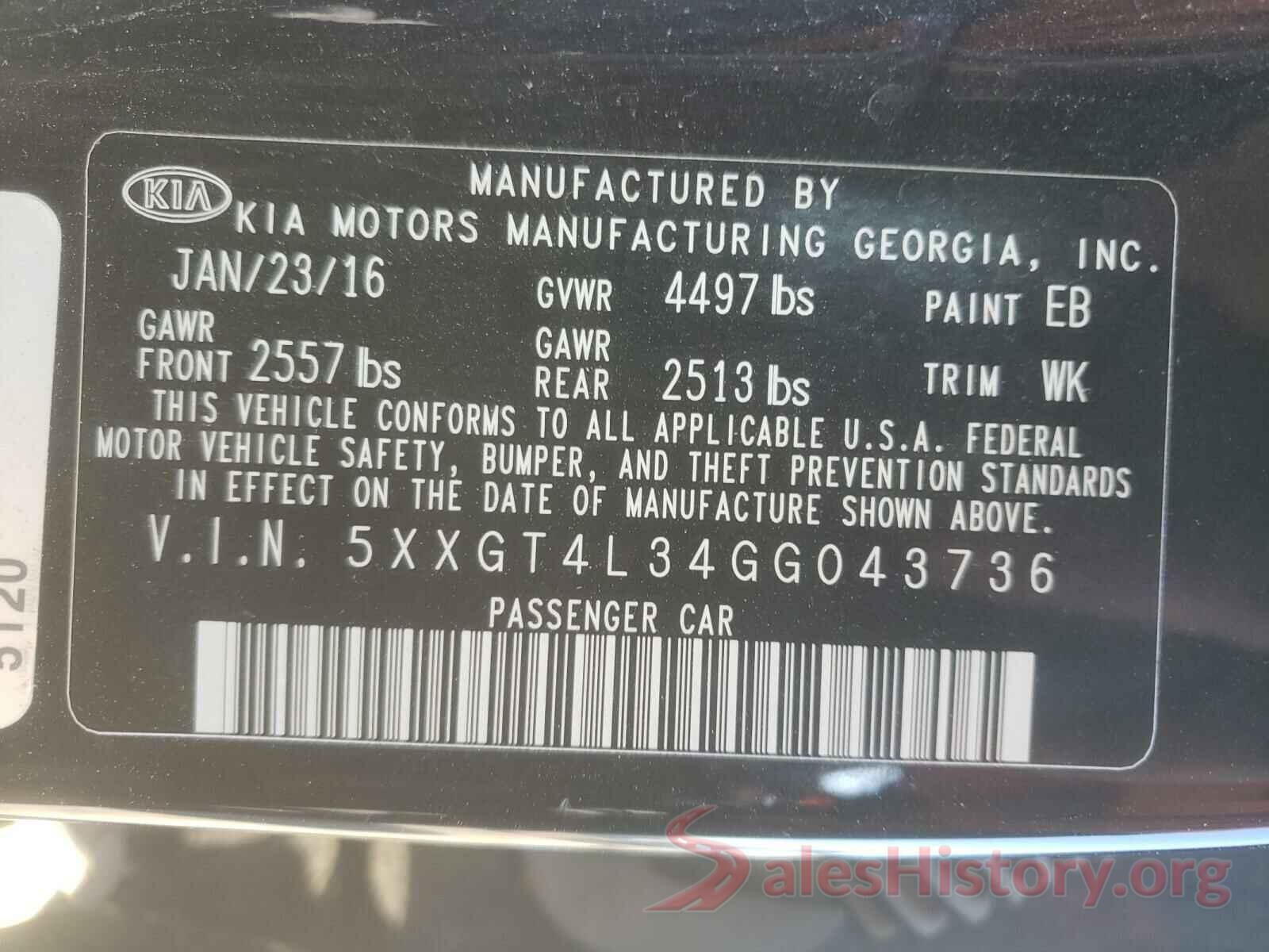 5XXGT4L34GG043736 2016 KIA OPTIMA