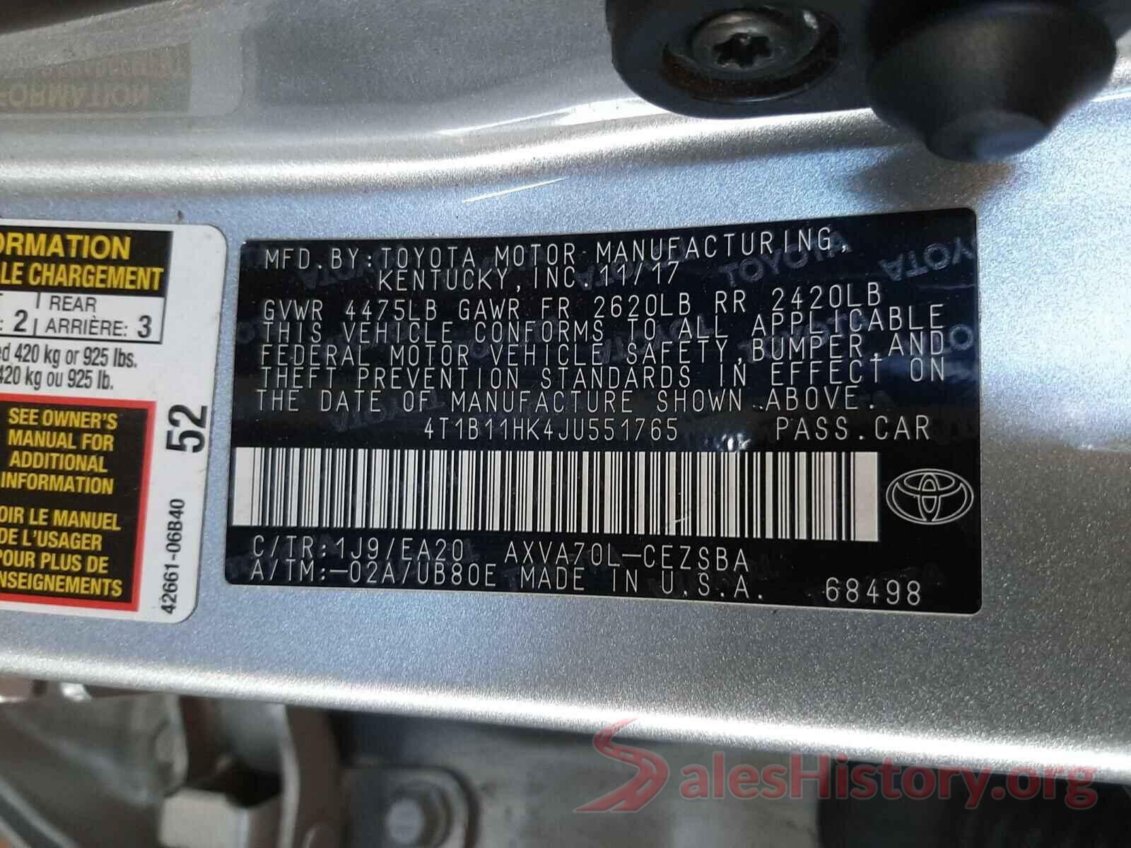 4T1B11HK4JU551765 2018 TOYOTA CAMRY