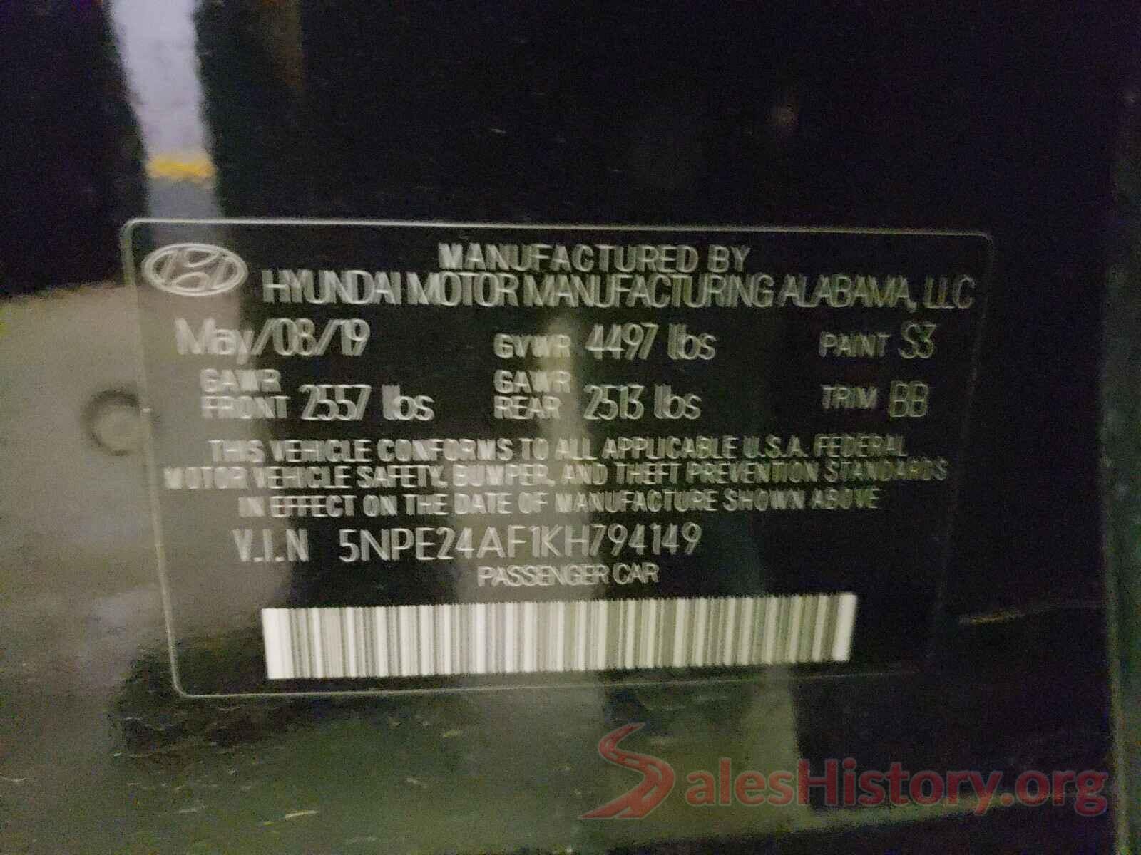 5NPE24AF1KH794149 2019 HYUNDAI SONATA