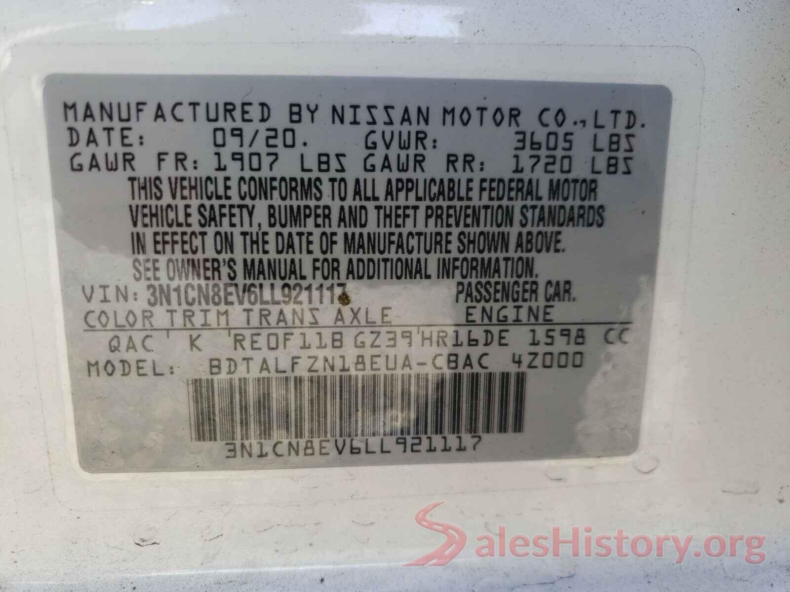 3N1CN8EV6LL921117 2020 NISSAN VERSA