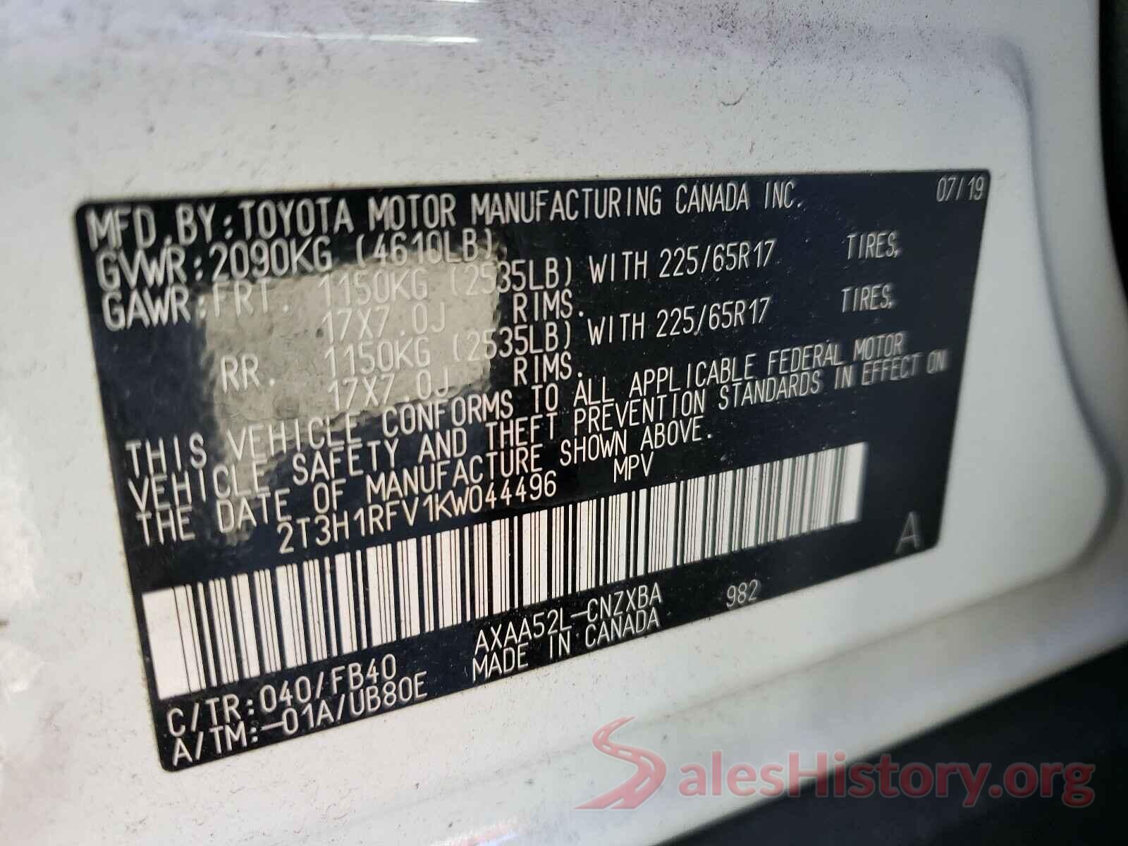 2T3H1RFV1KW044496 2019 TOYOTA RAV4