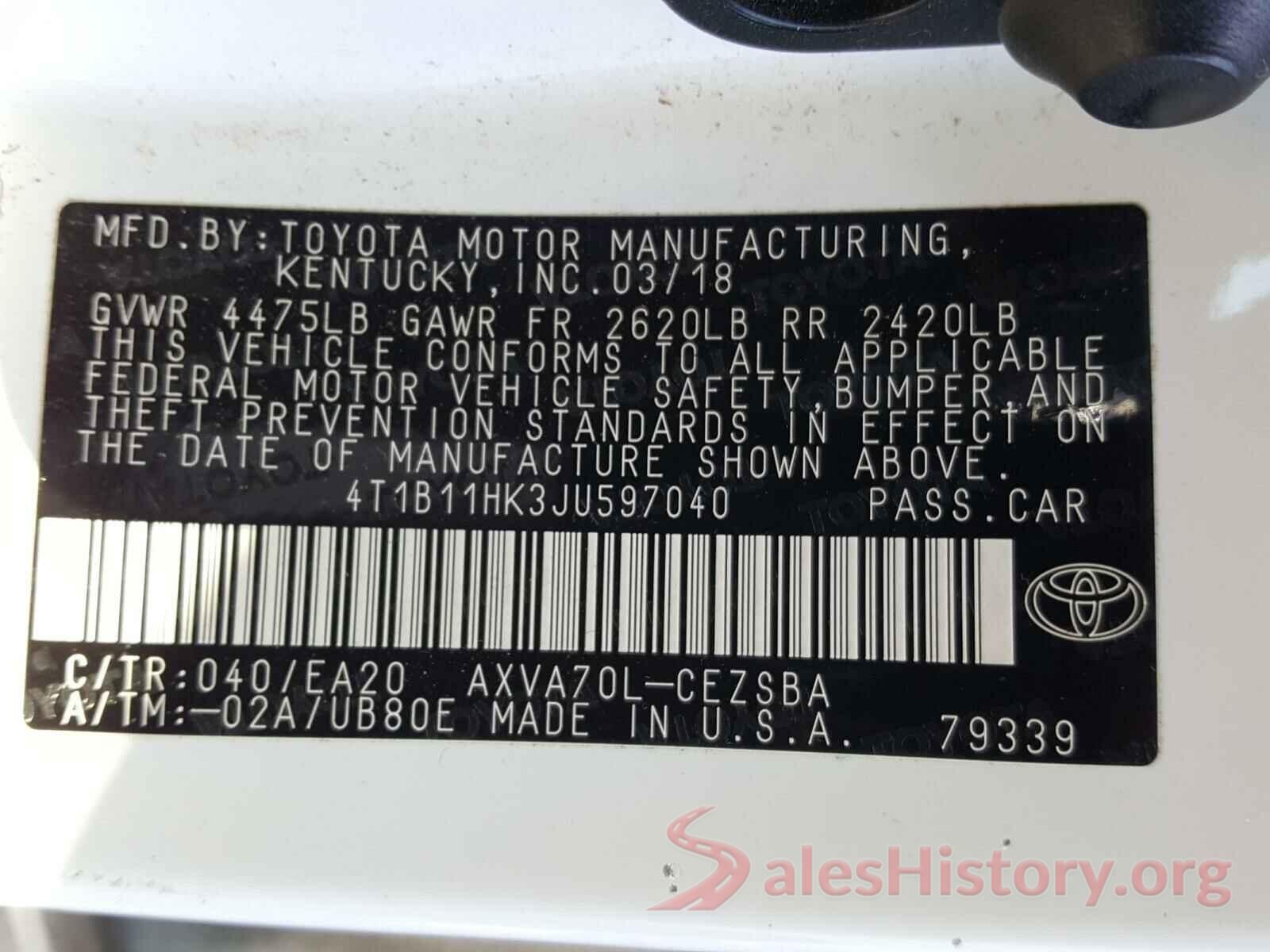 4T1B11HK3JU597040 2018 TOYOTA CAMRY