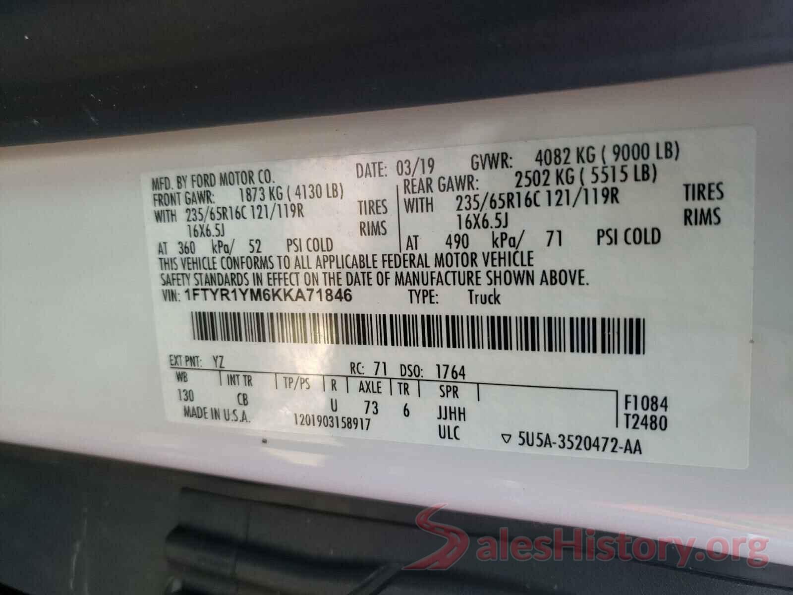 1FTYR1YM6KKA71846 2019 FORD TRANSIT CO