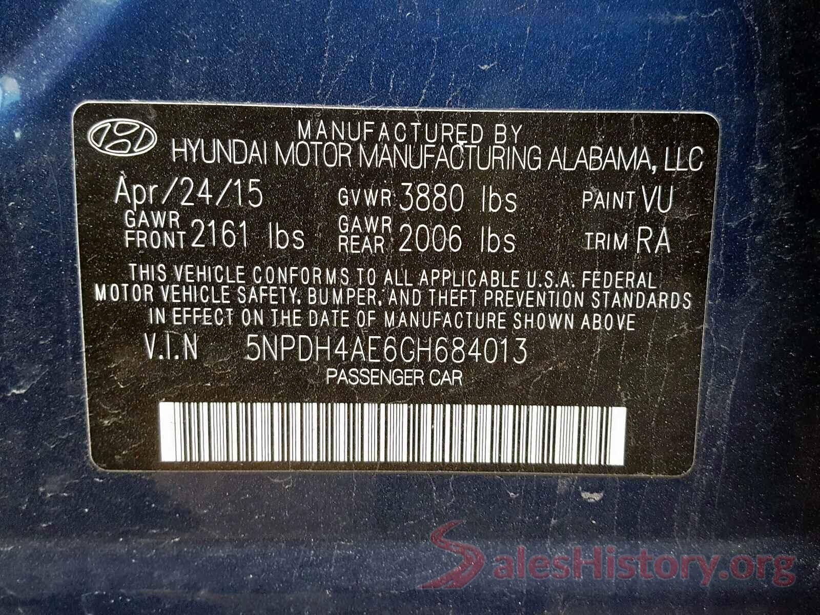 5NPDH4AE6GH684013 2016 HYUNDAI ELANTRA