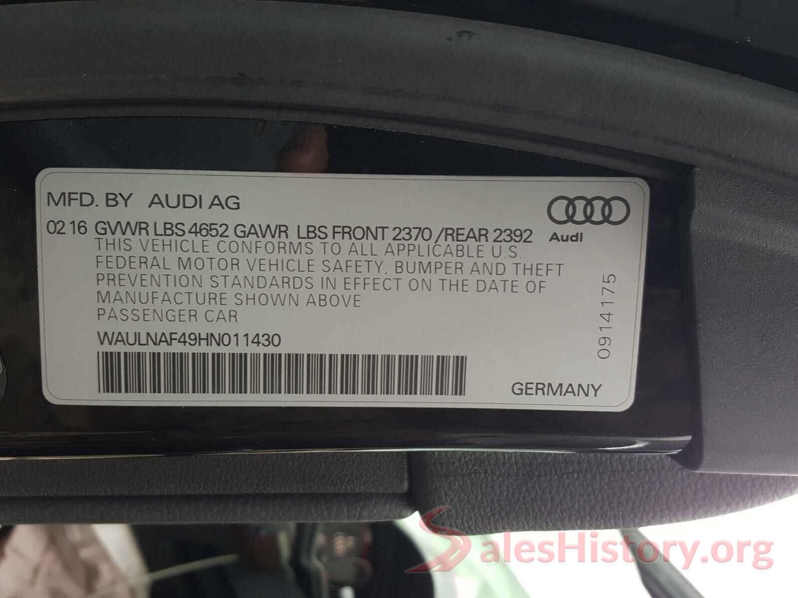 WAULNAF49HN011430 2017 AUDI A4