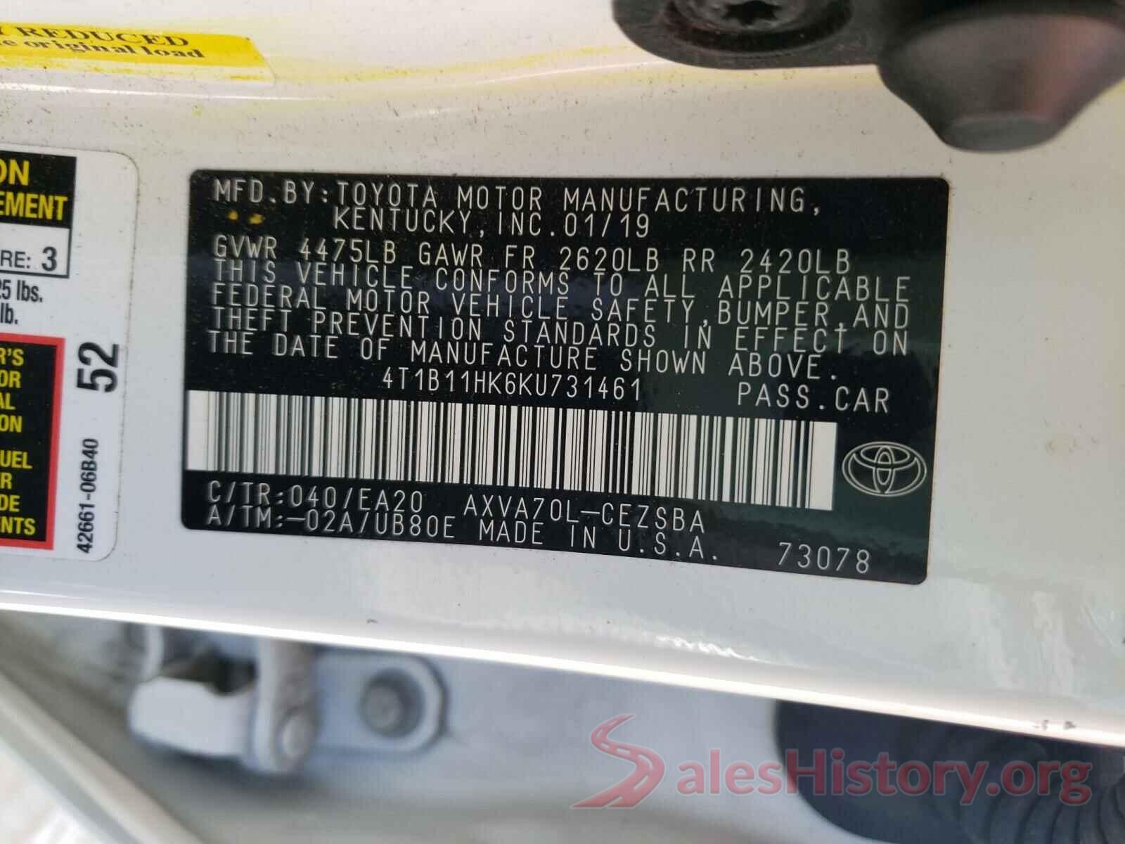 4T1B11HK6KU731461 2019 TOYOTA CAMRY