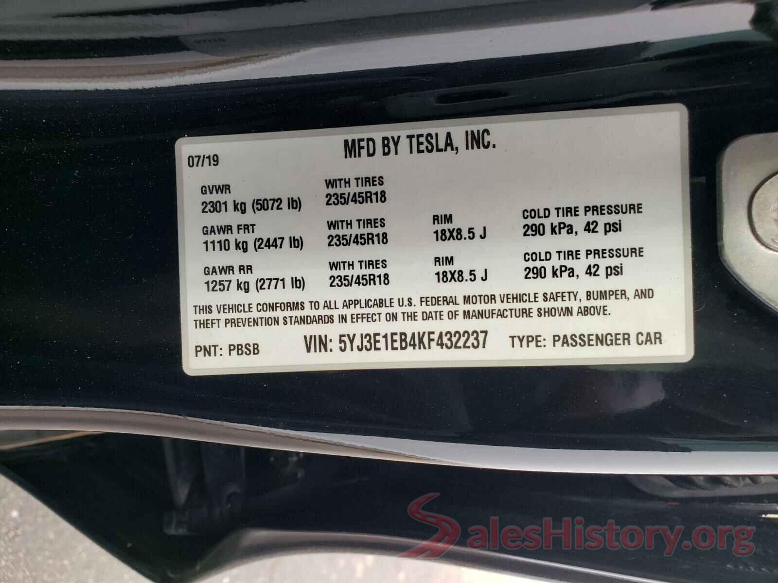 5YJ3E1EB4KF432237 2019 TESLA MODEL 3