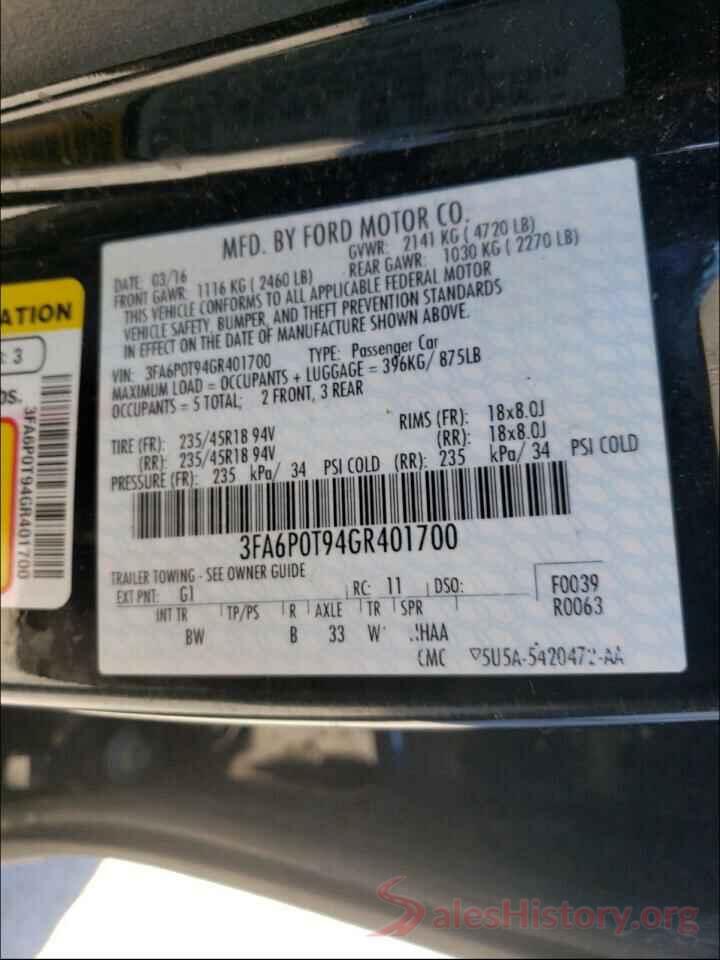 3FA6P0T94GR401700 2016 FORD FUSION