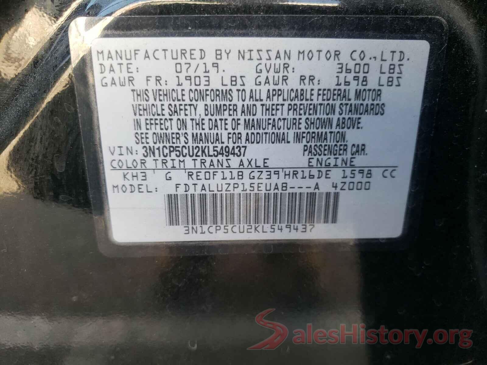 3N1CP5CU2KL549437 2019 NISSAN KICKS