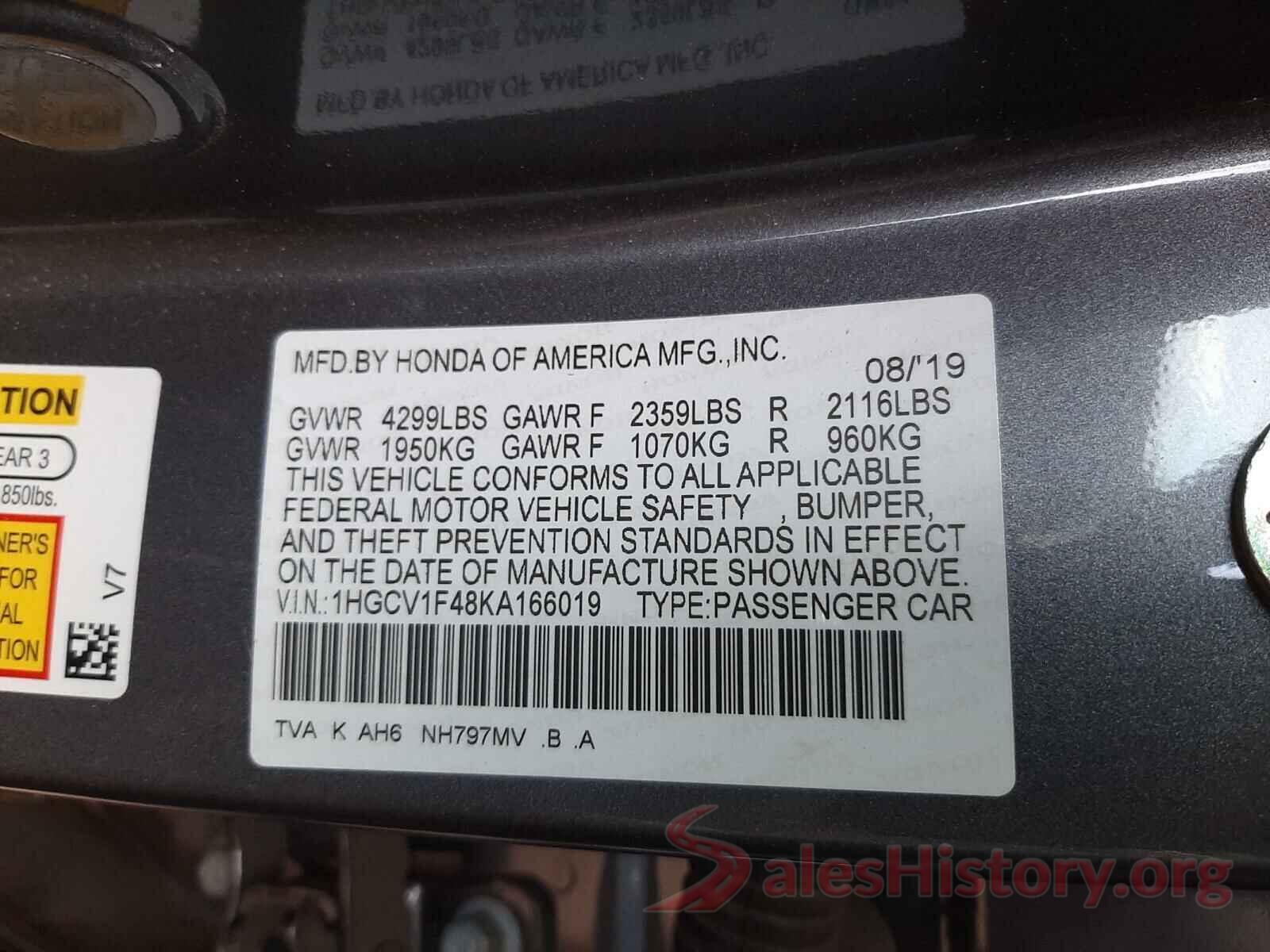 1HGCV1F48KA166019 2019 HONDA ACCORD