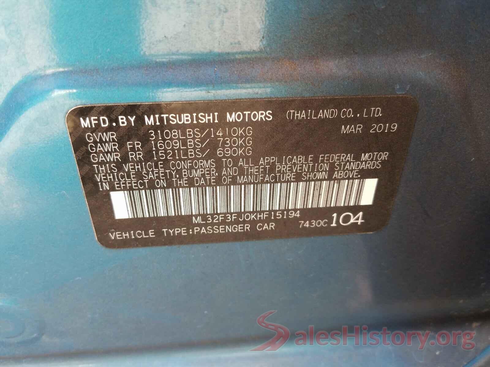 ML32F3FJ0KHF15194 2019 MITSUBISHI MIRAGE