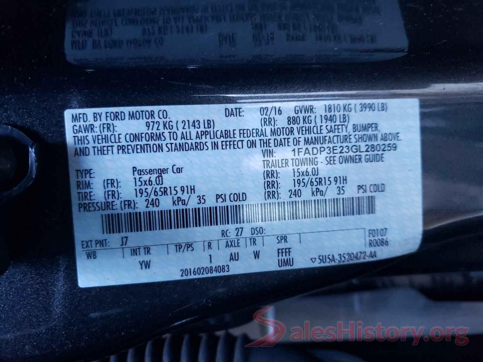 1FADP3E23GL280259 2016 FORD FOCUS