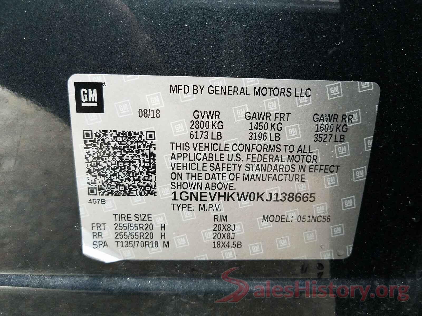 1GNEVHKW0KJ138665 2019 CHEVROLET TRAVERSE