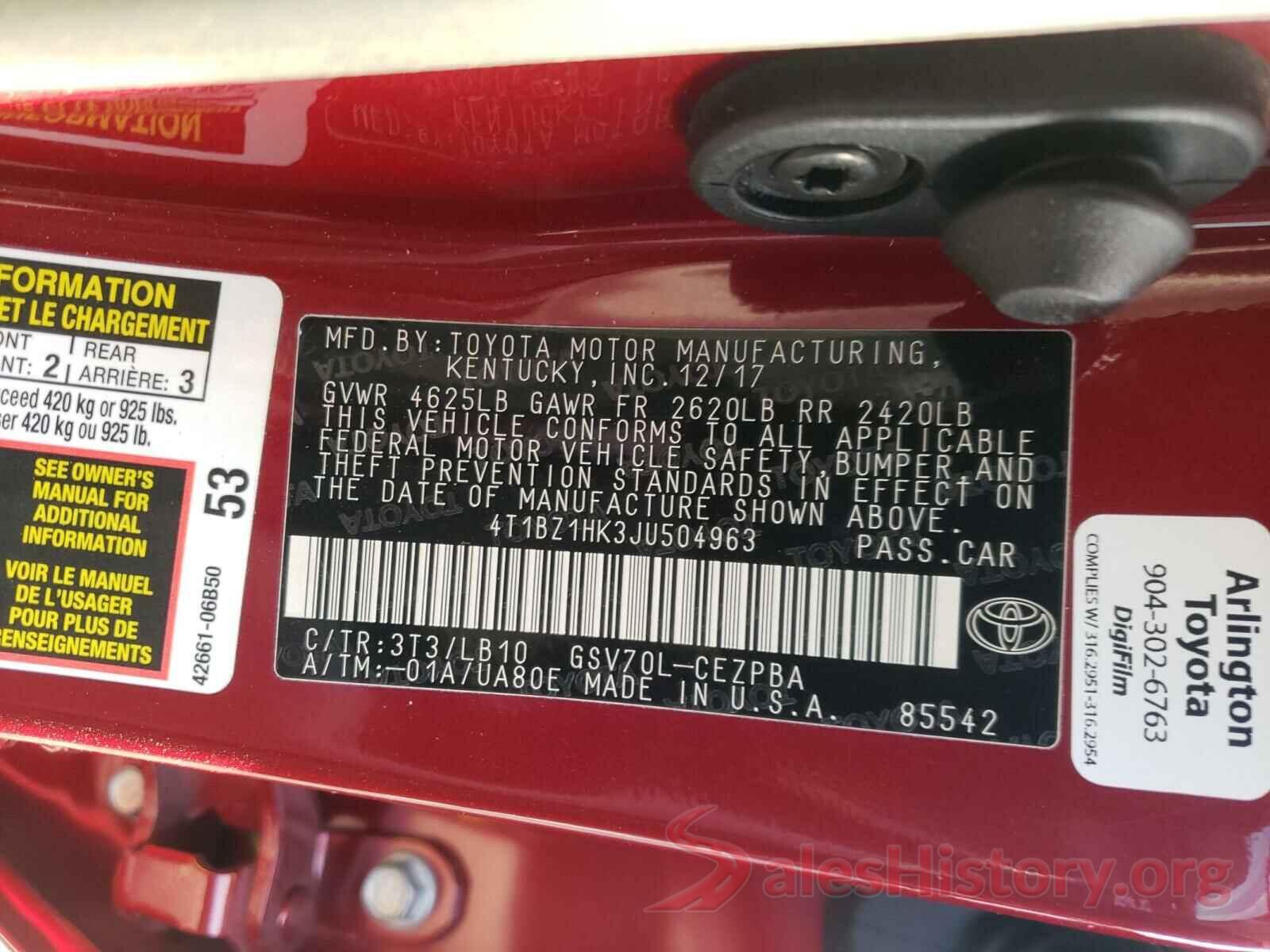 4T1BZ1HK3JU504963 2018 TOYOTA CAMRY