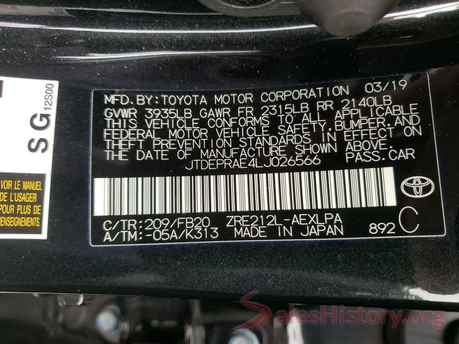 JTDEPRAE4LJ026566 2020 TOYOTA COROLLA