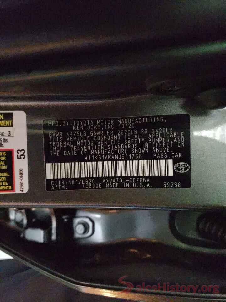 4T1K61AK4MU511766 2021 TOYOTA CAMRY