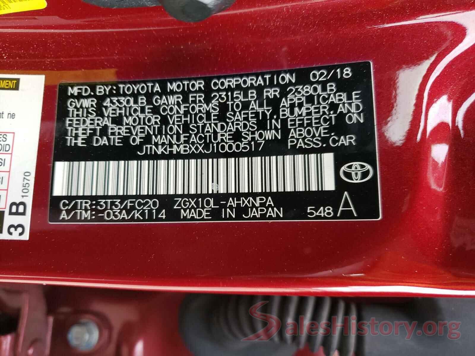 JTNKHMBXXJ1000517 2018 TOYOTA C-HR