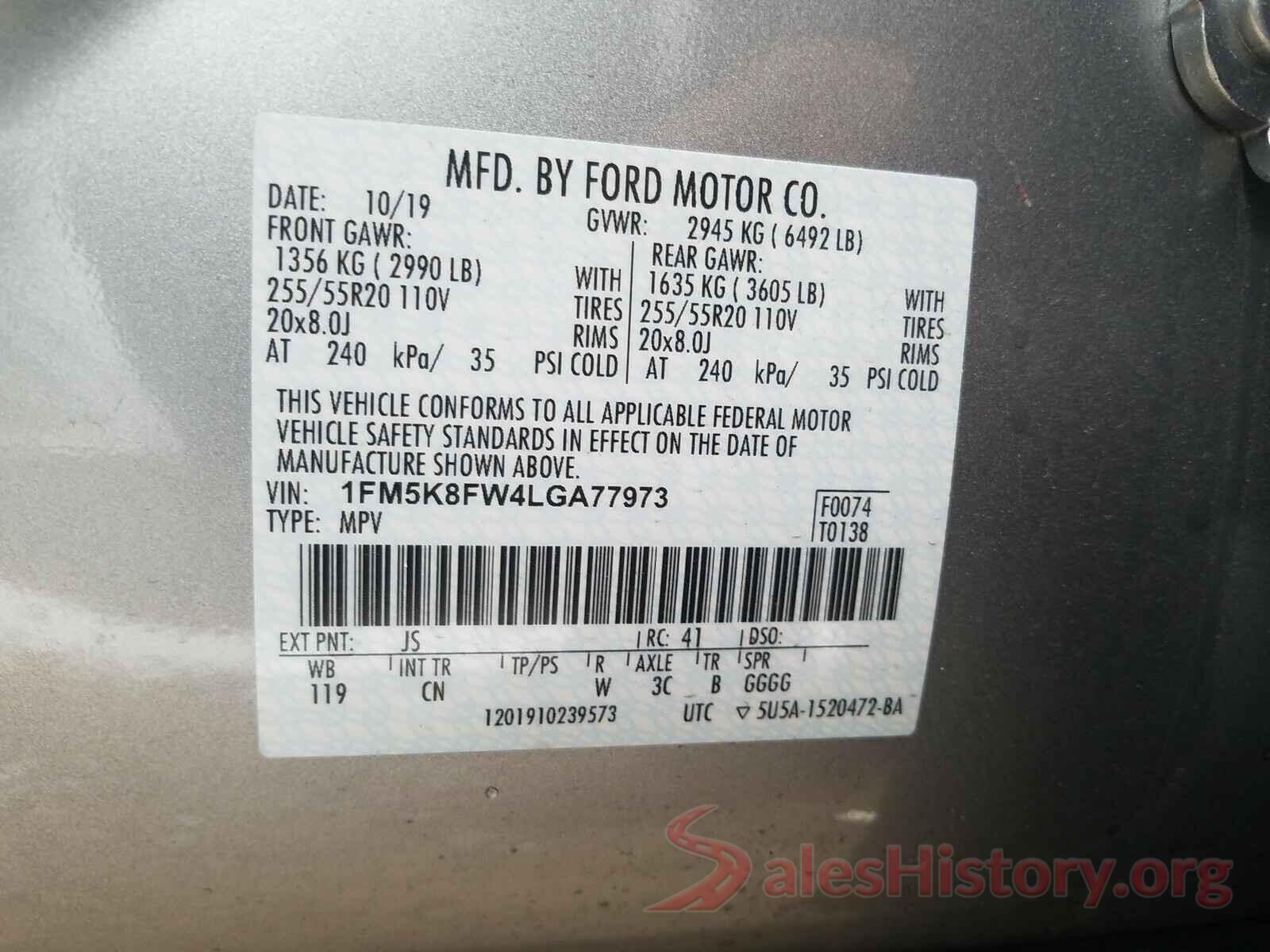 1FM5K8FW4LGA77973 2020 FORD EXPLORER