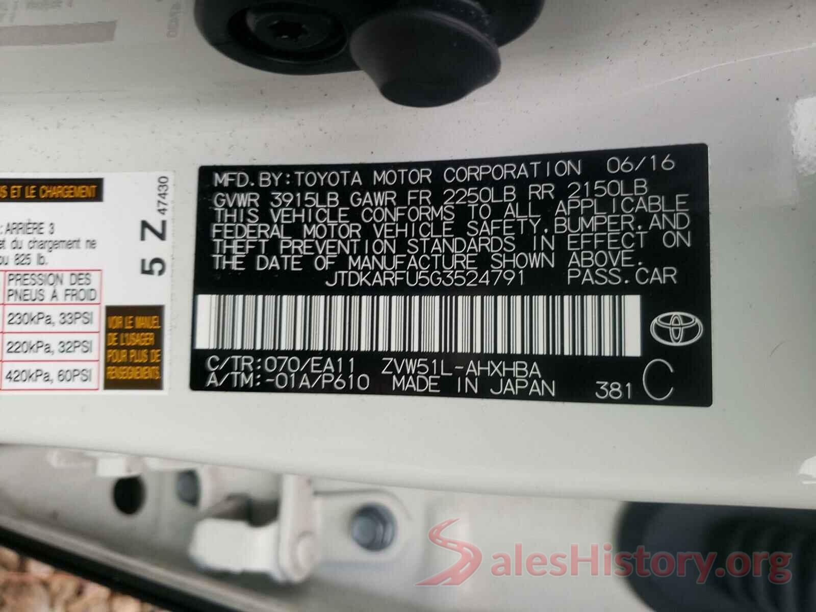 JTDKARFU5G3524791 2016 TOYOTA PRIUS