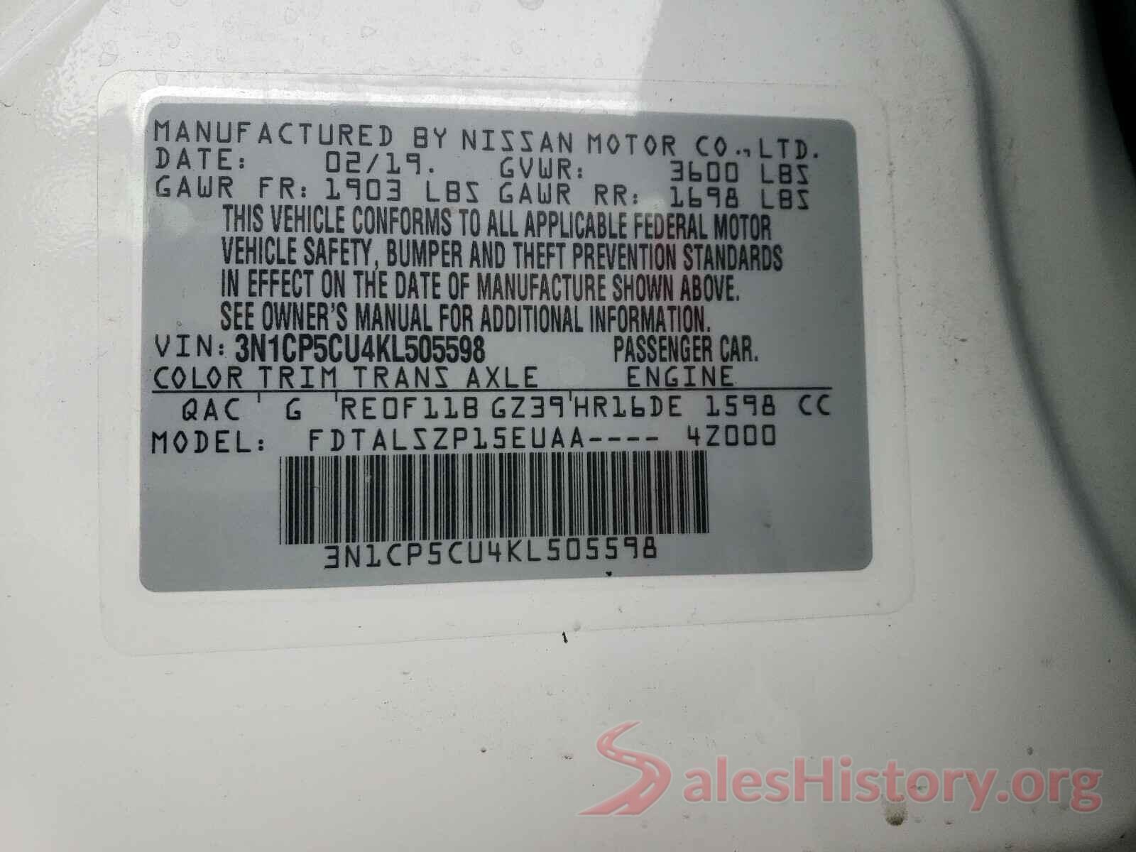 3N1CP5CU4KL505598 2019 NISSAN KICKS