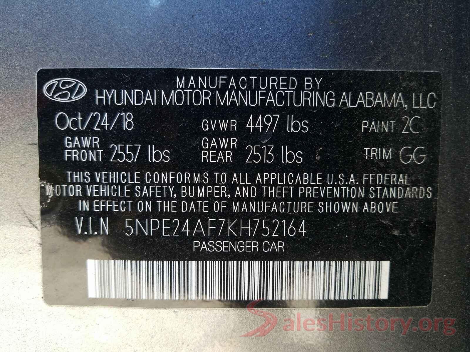 5NPE24AF7KH752164 2019 HYUNDAI SONATA