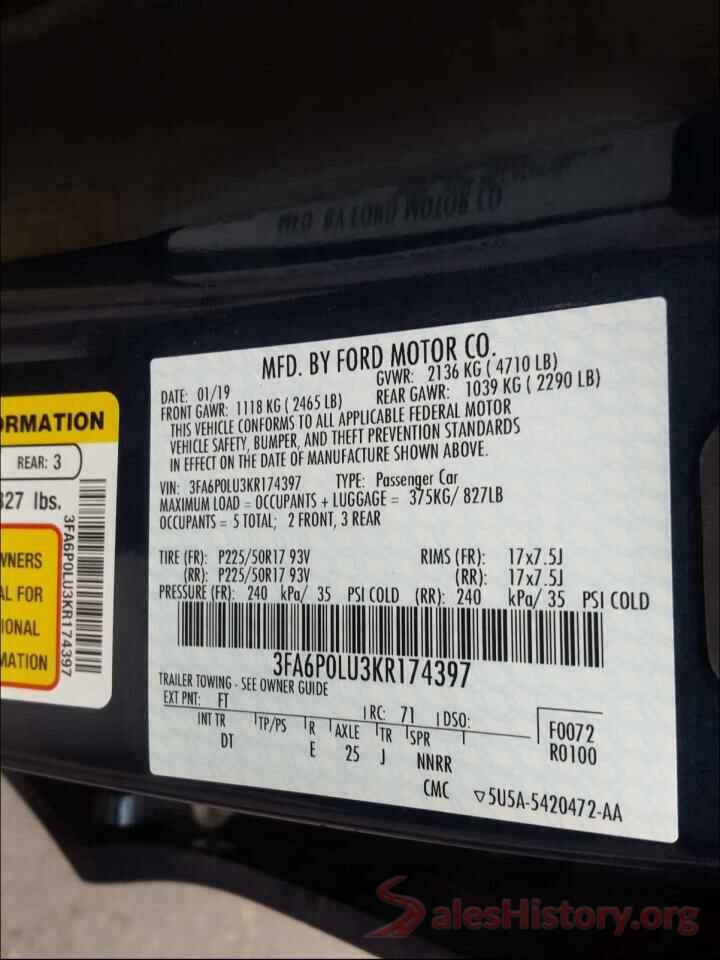 3FA6P0LU3KR174397 2019 FORD FUSION