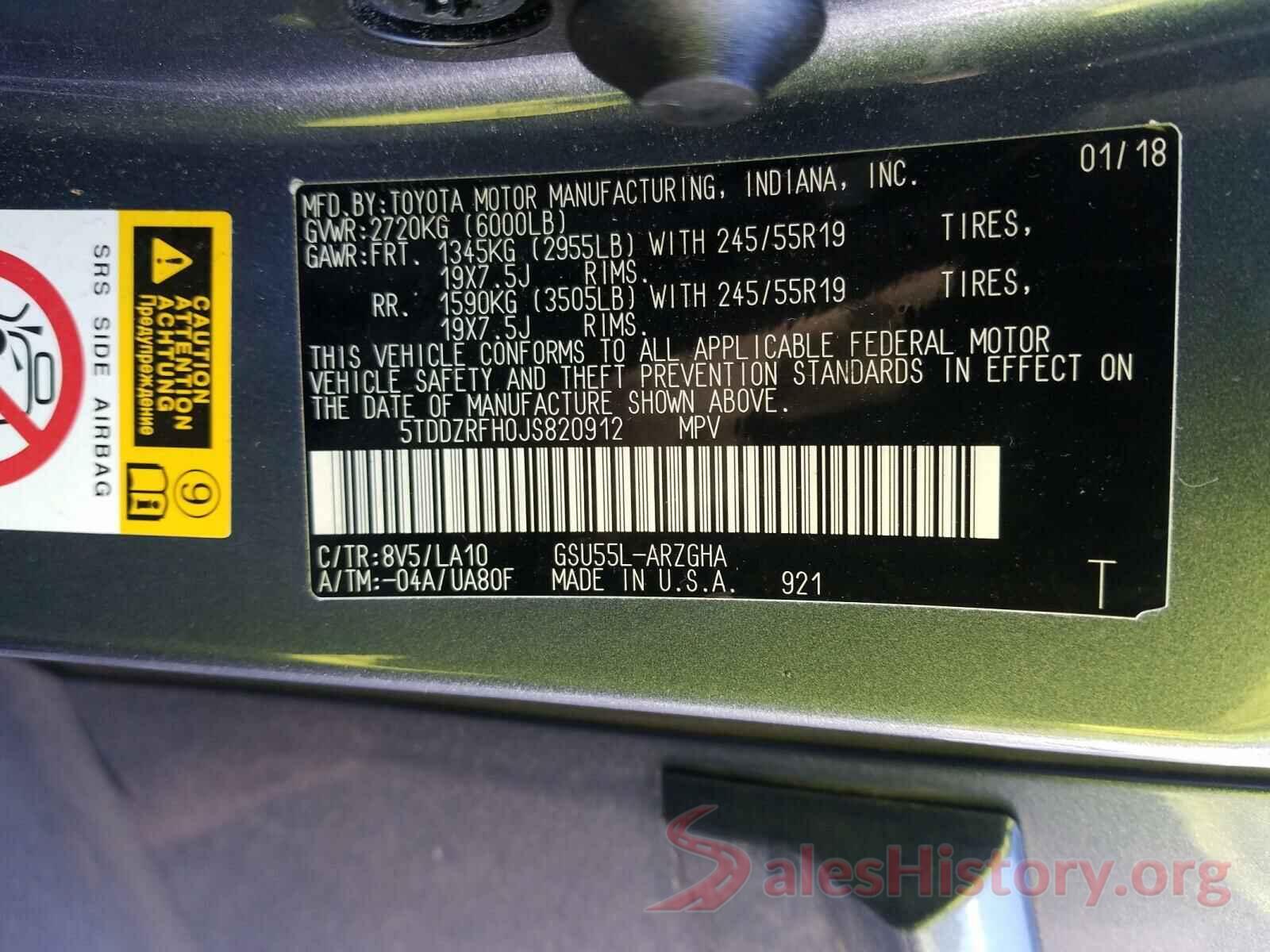 5TDDZRFH0JS820912 2018 TOYOTA HIGHLANDER