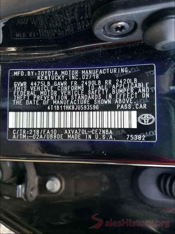 4T1B11HK8JU593596 2018 TOYOTA CAMRY