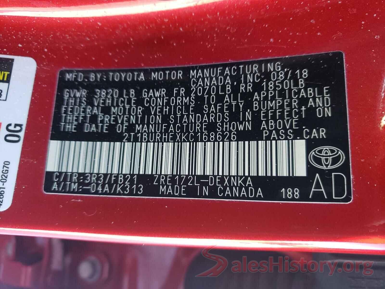 2T1BURHEXKC168626 2019 TOYOTA COROLLA