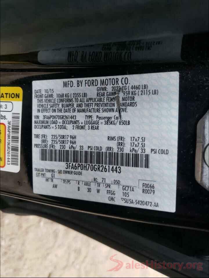 3FA6P0H70GR261443 2016 FORD FUSION