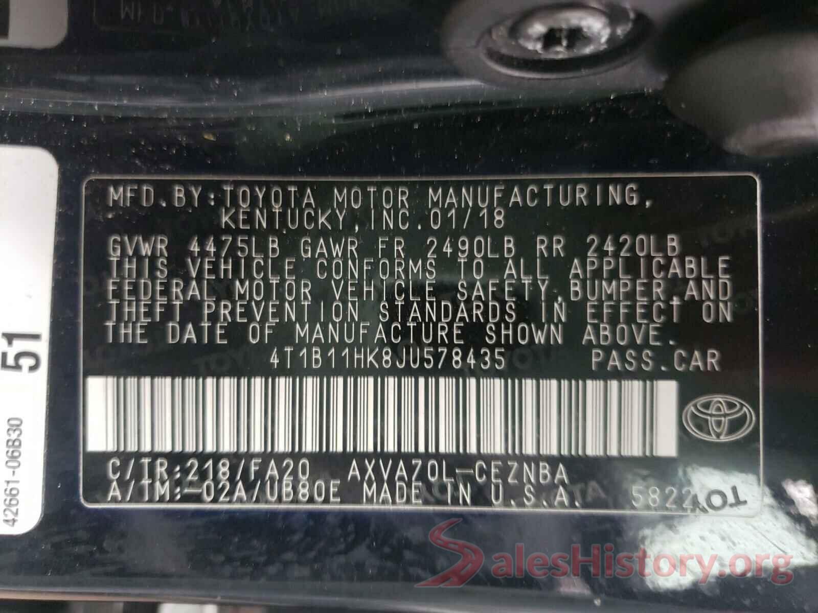 4T1B11HK8JU578435 2018 TOYOTA CAMRY