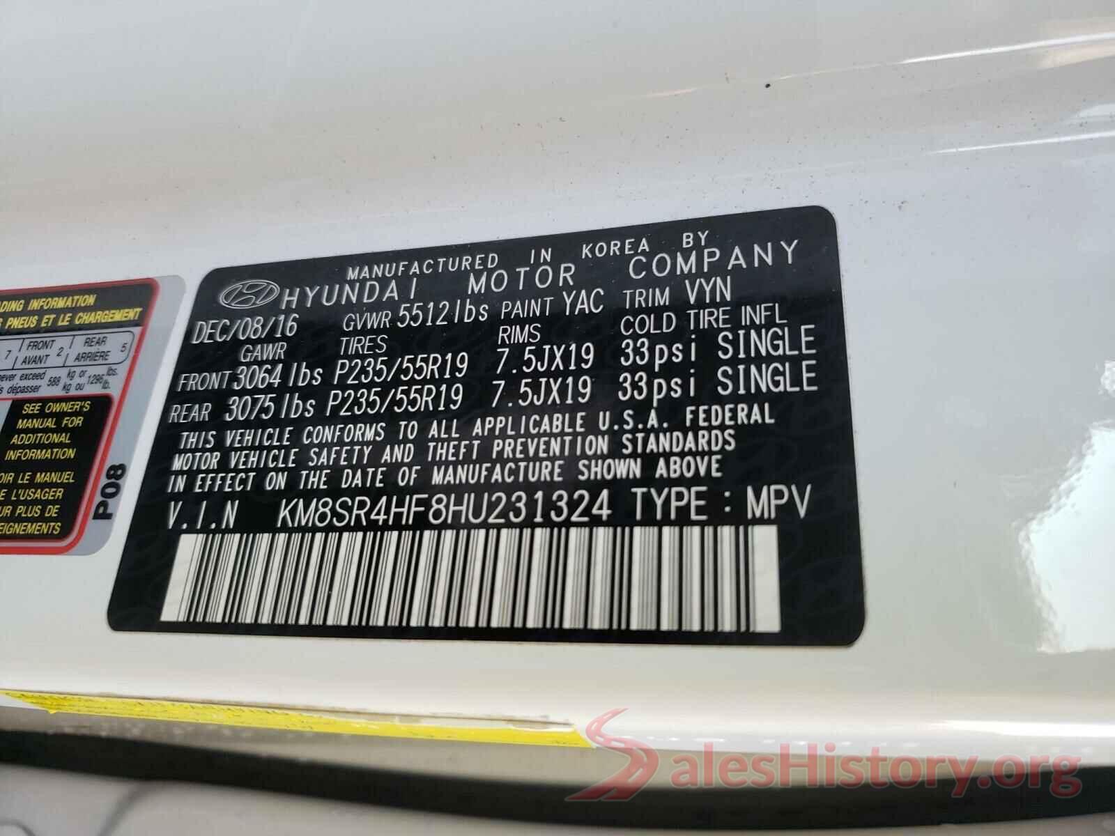 KM8SR4HF8HU231324 2017 HYUNDAI SANTA FE