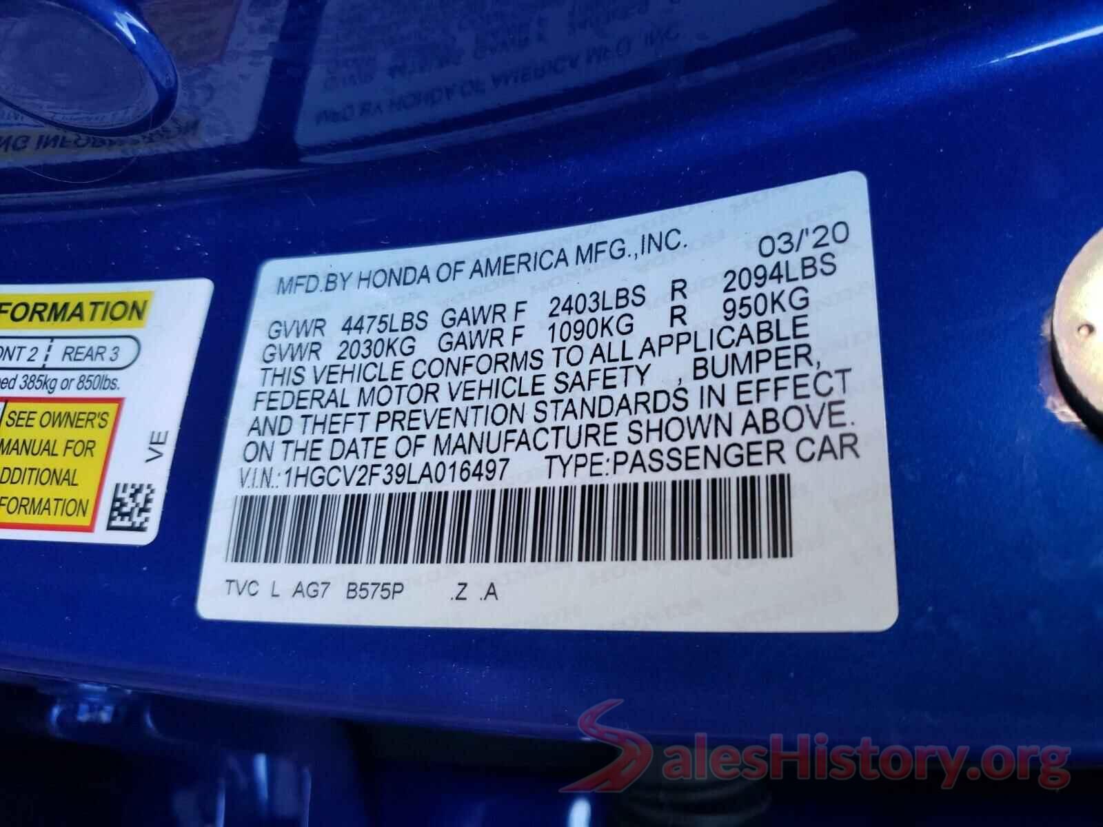 1HGCV2F39LA016497 2020 HONDA ACCORD