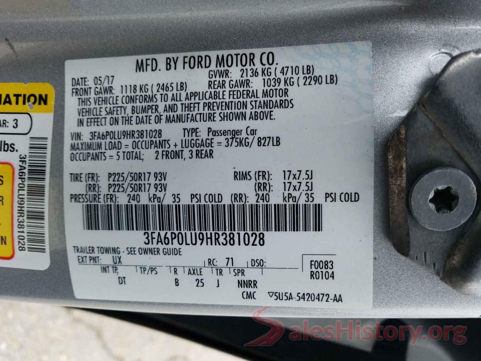 3FA6P0LU9HR381028 2017 FORD FUSION