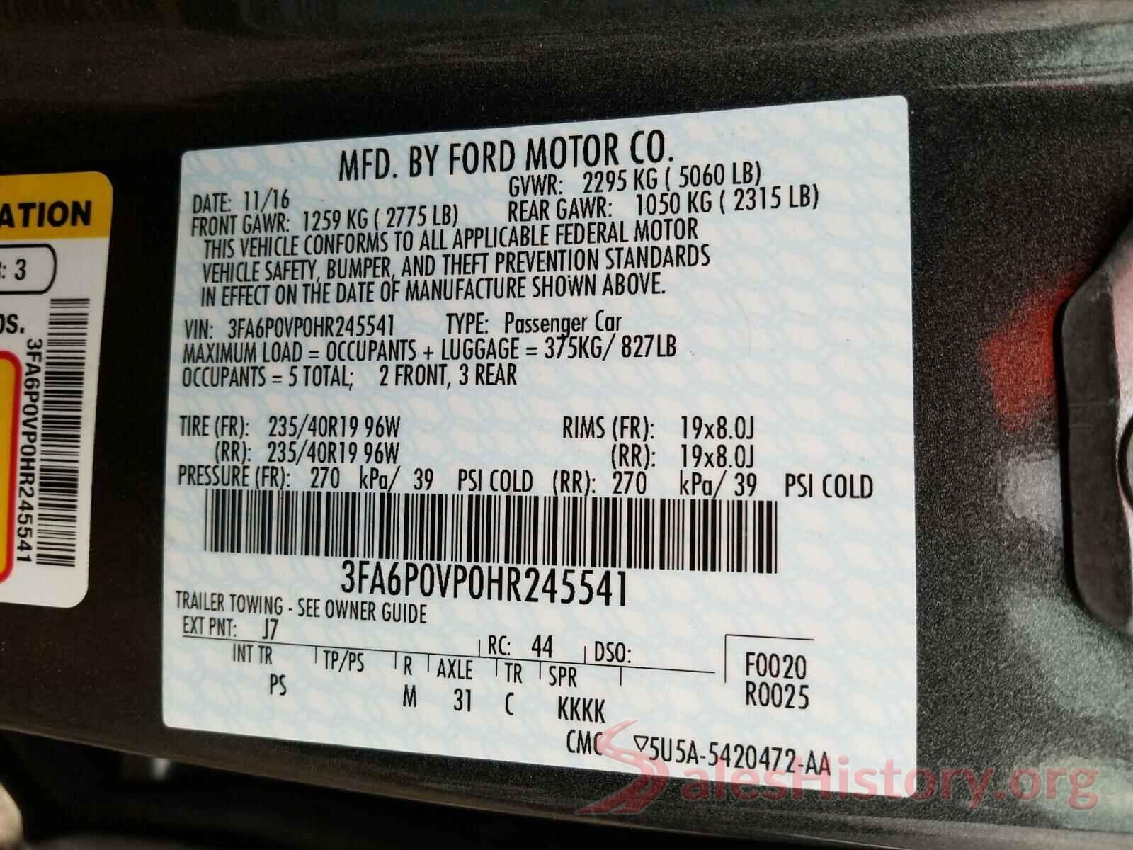 3FA6P0VP0HR245541 2017 FORD FUSION