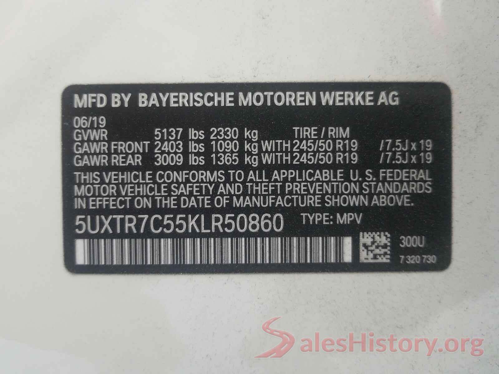 5UXTR7C55KLR50860 2019 BMW X3