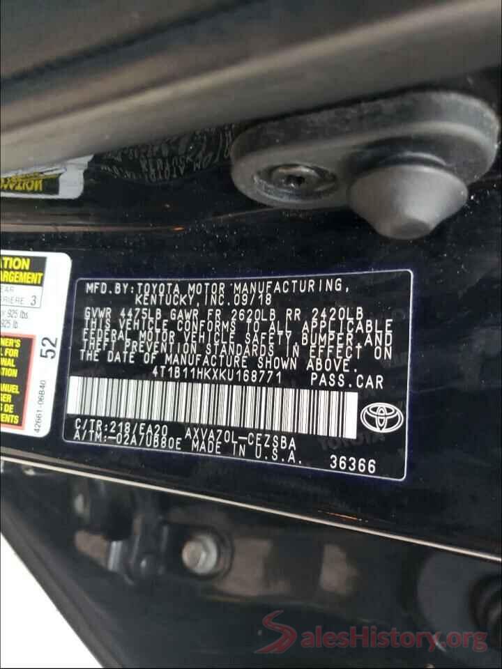 4T1B11HKXKU168771 2019 TOYOTA CAMRY