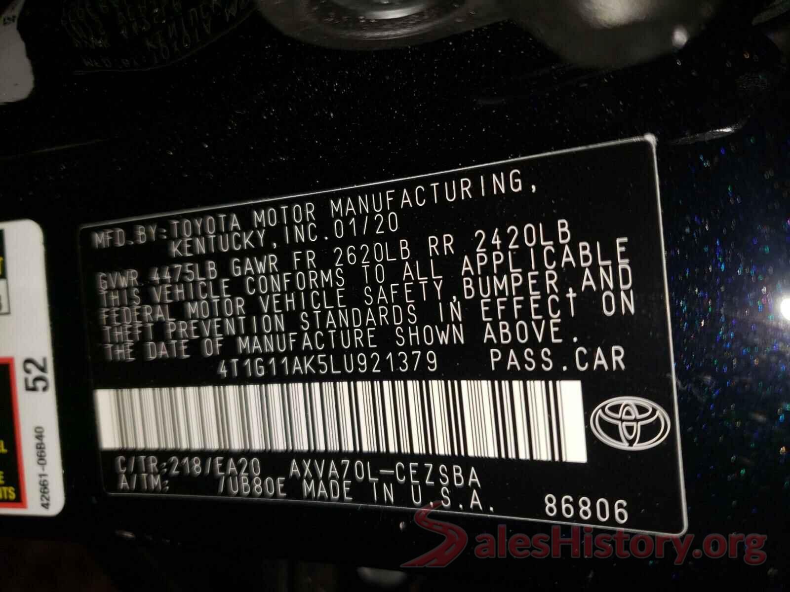 4T1G11AK5LU921379 2020 TOYOTA CAMRY